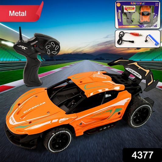 Close-up of metal RC supercarβs aerodynamic alloy body and wheels