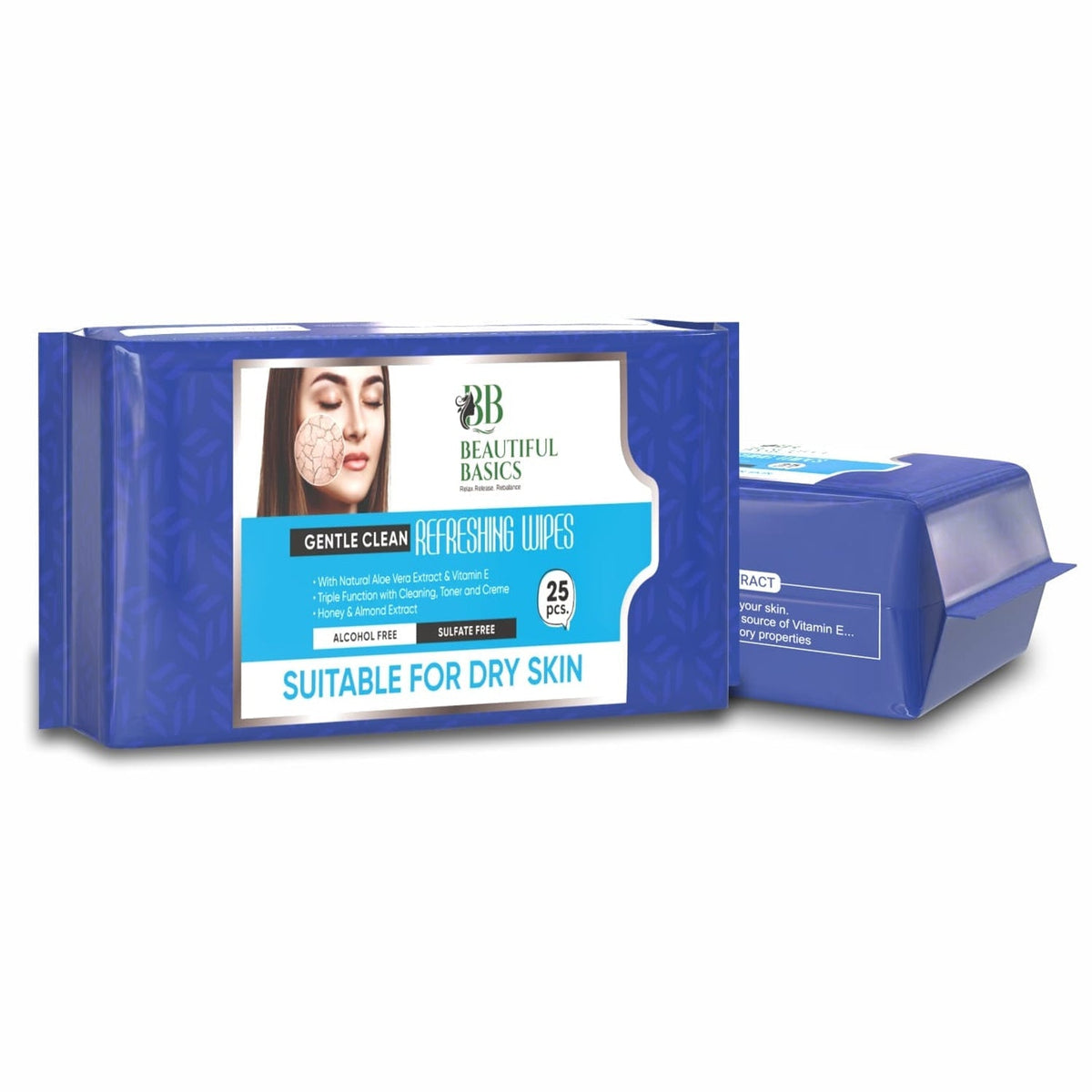 Stack of Beautiful Basics Face Wipes packets for dry and sensitive skin.