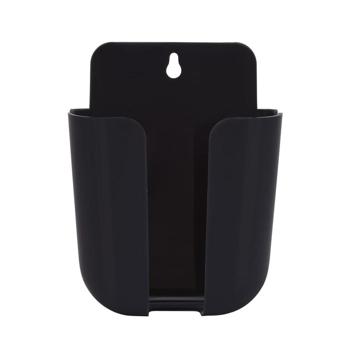 Four wall-mounted storage boxes in different colours on a clean wall.