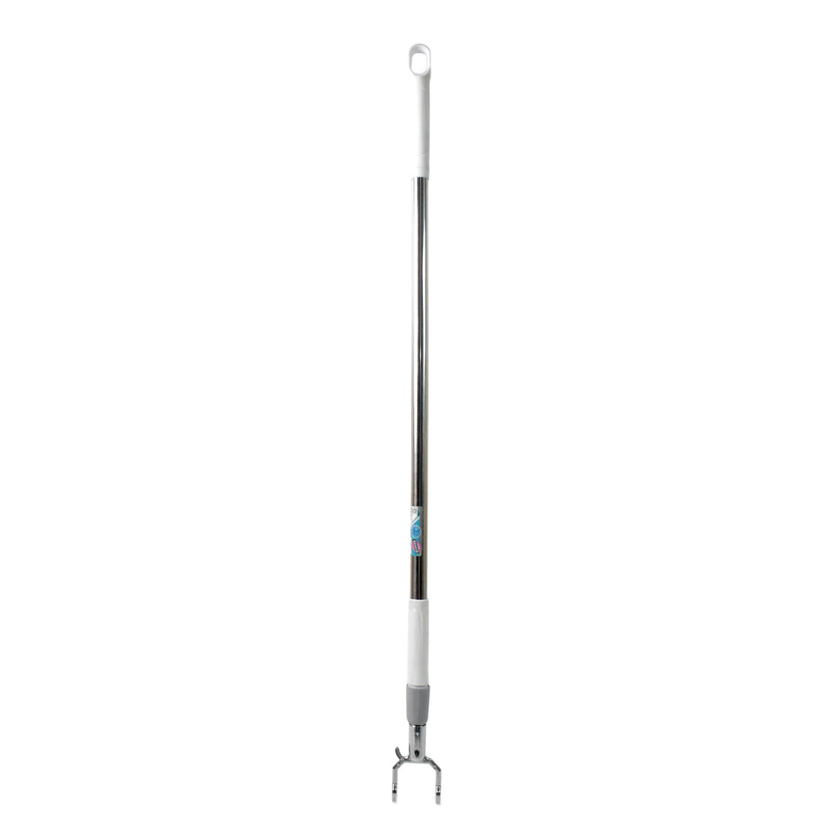 Telescopic clothes hook in use, showing its long reach for high shelves.