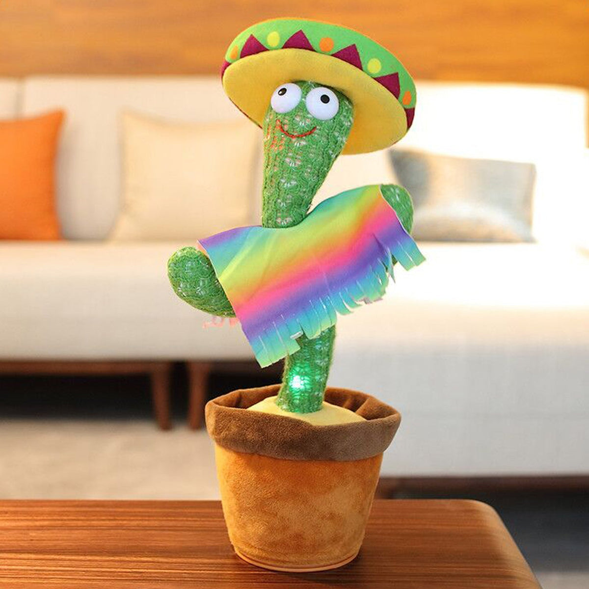 Vibrant green dancing cactus toy with glowing LED lights and musical features.